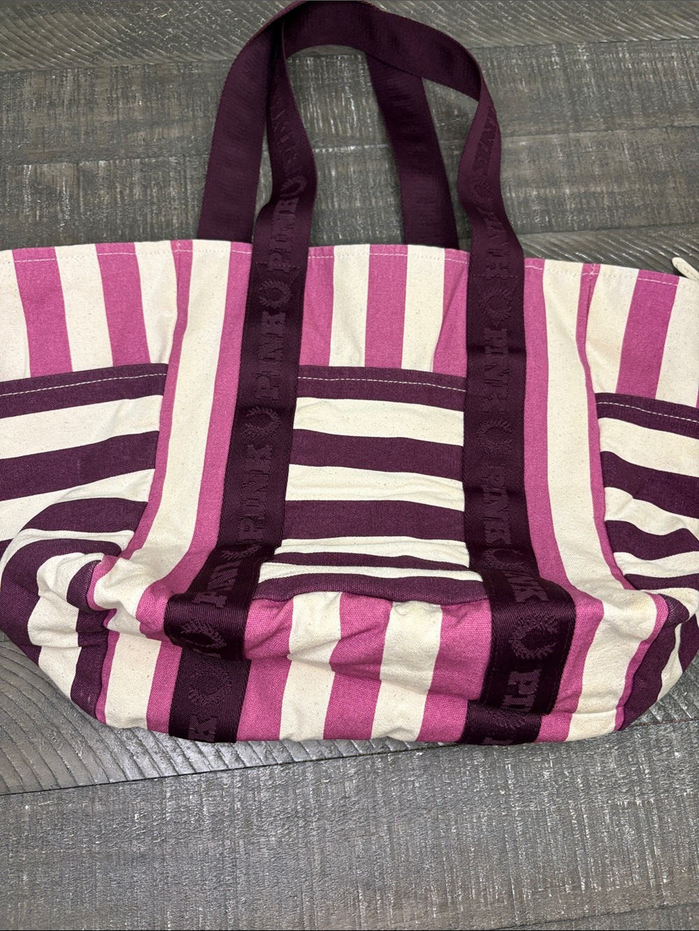 Victoria's Secret Pink & Plum Striped Canvas Tote